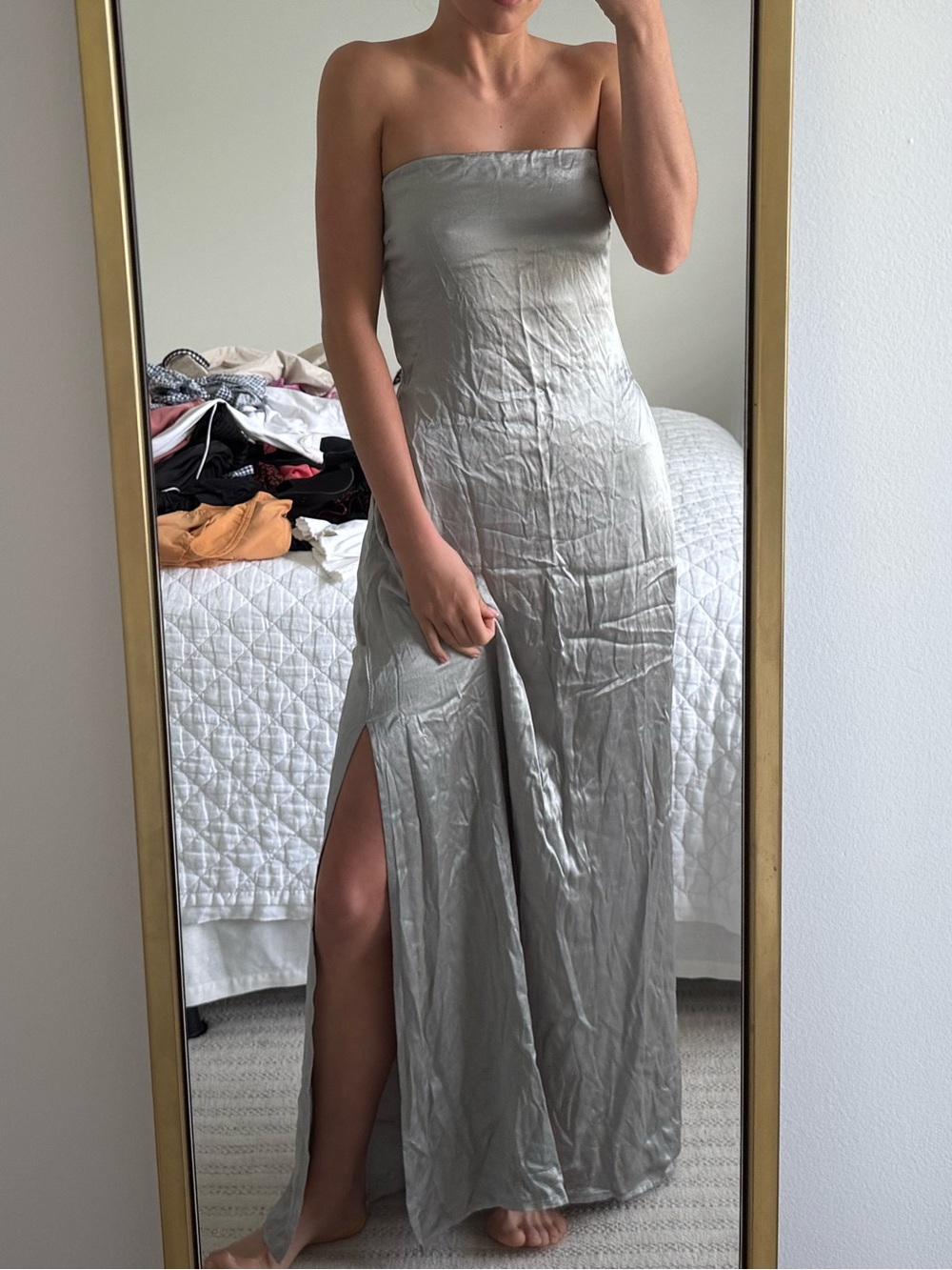 Silver Strapless Maxi Dress with Side Slit